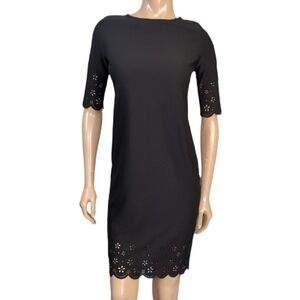 Mandy Evans Laser Cut Sheath Dress Womens Size Small Black Short Sleeve Floral
